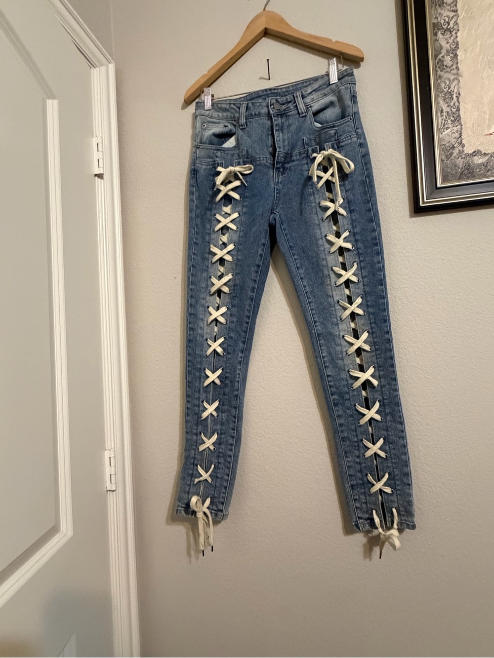 Women’s Lace-Up Side Detail Blue Denim Jeans